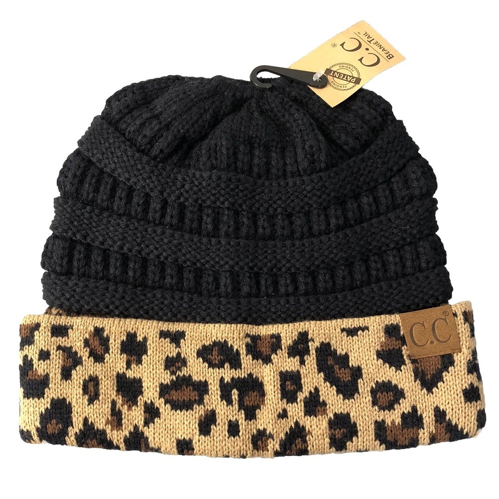 C.C Exclusive Beanie Tail Hat Women's Black Brown Leopard W/ Ponytail Hole NWT